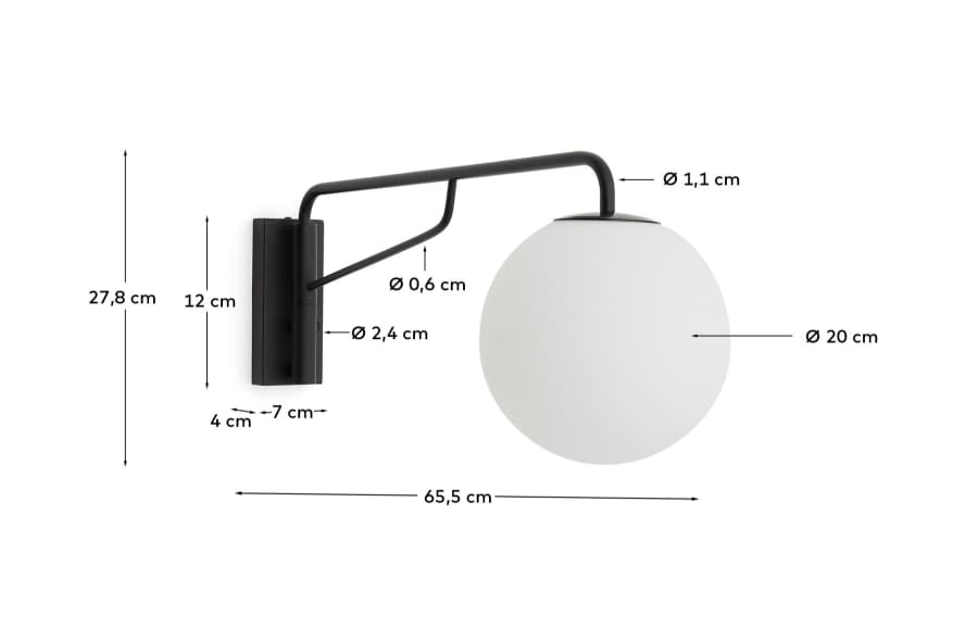 Eilo wall light in black steel with frosted glass globe