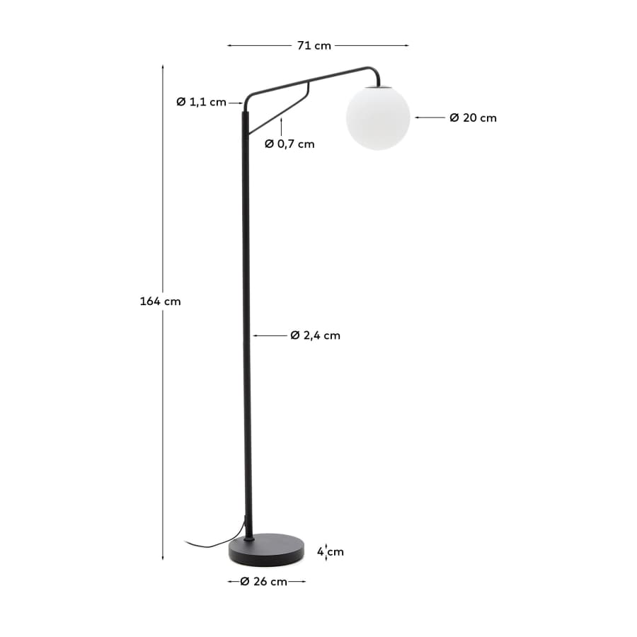 Eilo floor lamp in black steel with frosted glass globe
