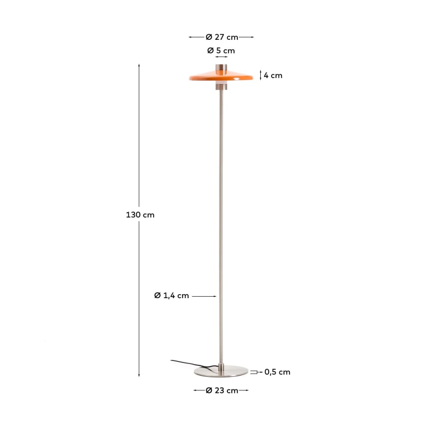Nuvira floor lamp in light grey brushed metal and orange lampshade