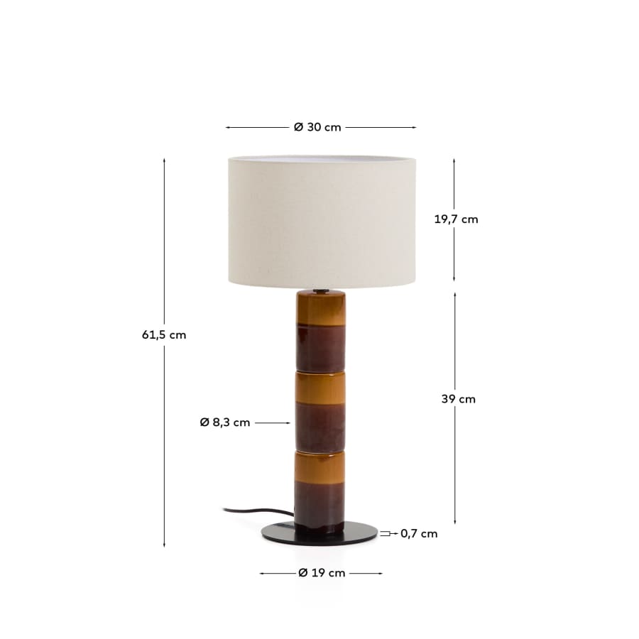 Lampe de table Mavran avec pied en céramique couleur marron et moutarde et abat-jour en coton