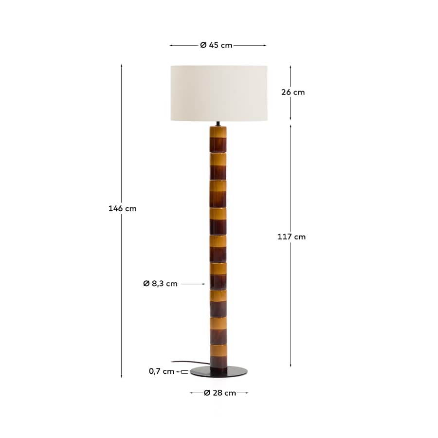 Mavran floor lamp with brown and mustard ceramic base and cotton lampshade