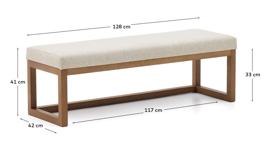 Loya bench in beige chenille and beech wood with walnut-coloured finish 128cm