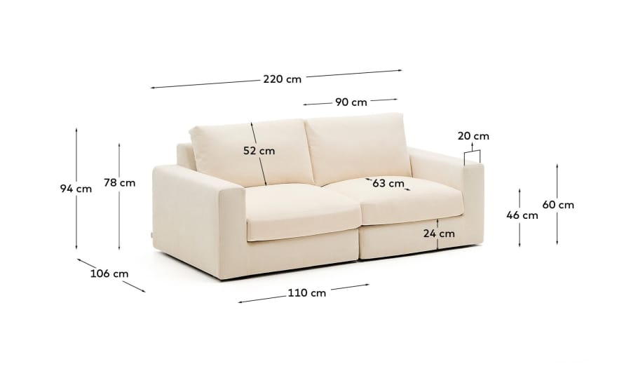 Alea removable cover modular sofa 3-seater in natural chenille 220 cm
