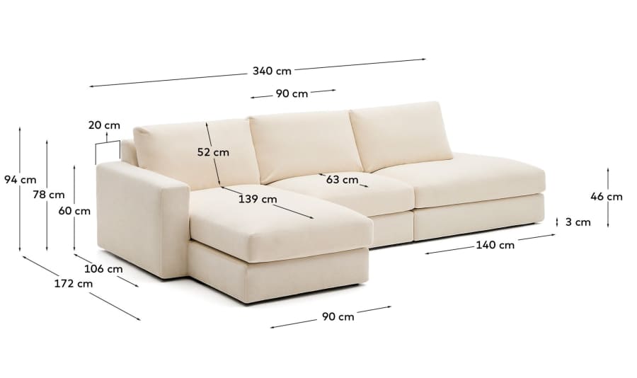 Alea removable cover modular sofa 5-seater in natural chenille left chaise longue 340 cm