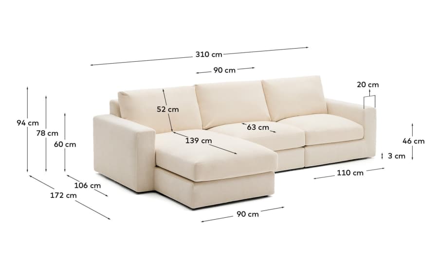 Alea removable cover modular sofa 4-seater in natural chenille left chaise longue 310 cm