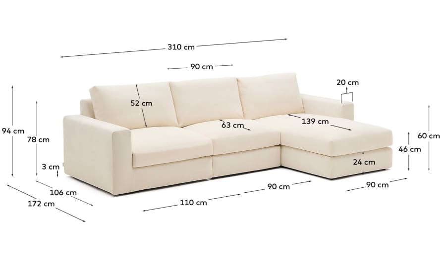 Alea removable cover modular sofa 4-seater in natural chenille right chaise longue 310 cm