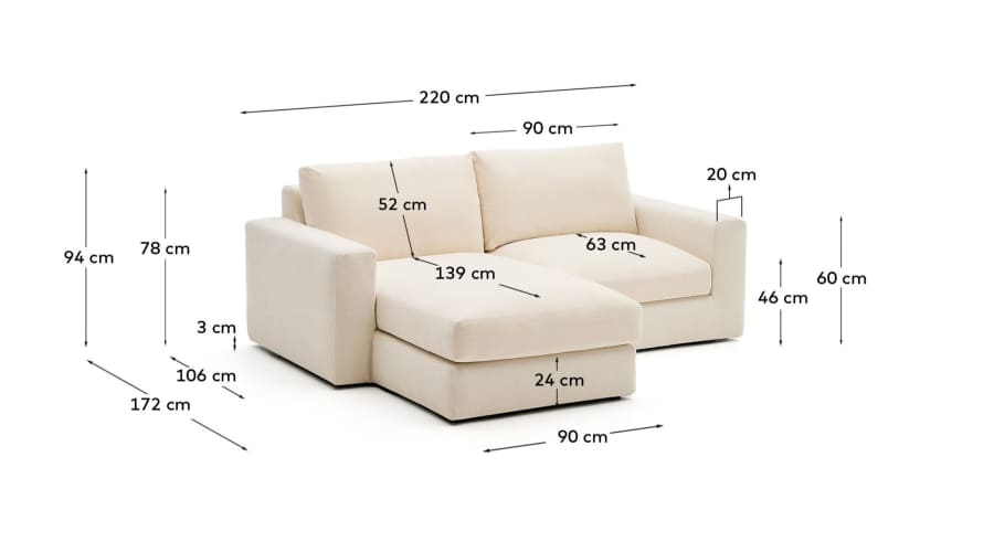 Alea removable cover modular sofa 3-seater in natural chenille left chaise longue 220 cm