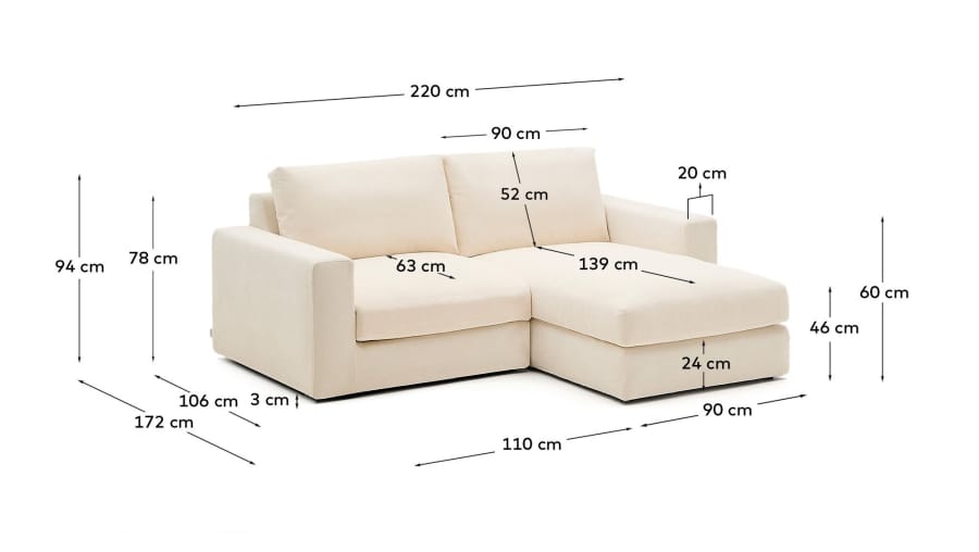 Alea removable cover modular sofa 3-seater in natural chenille right chaise longue 220 cm