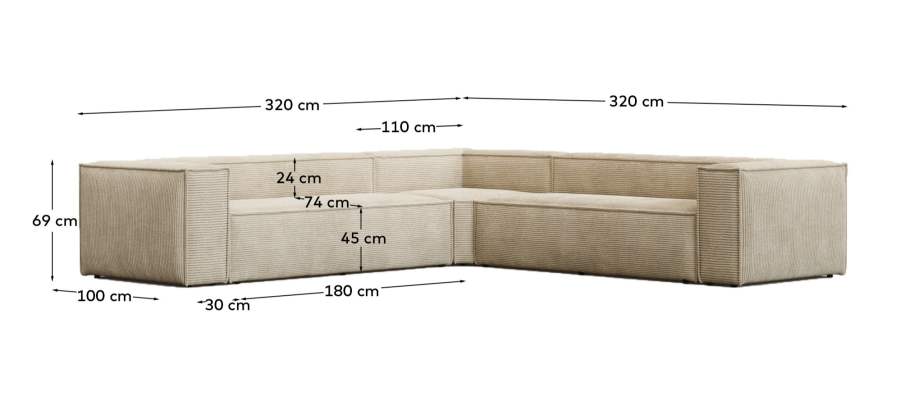 Blok fire-retardant 6-seater corner sofa in thick ecru corduroy 320x320cm FSC Mix Credit FR