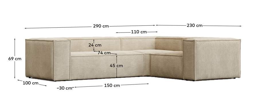 Blok fire-retardant 3-seater corner sofa in thick ecru corduroy 290x230cm/230x290cm FSC Mix Credit