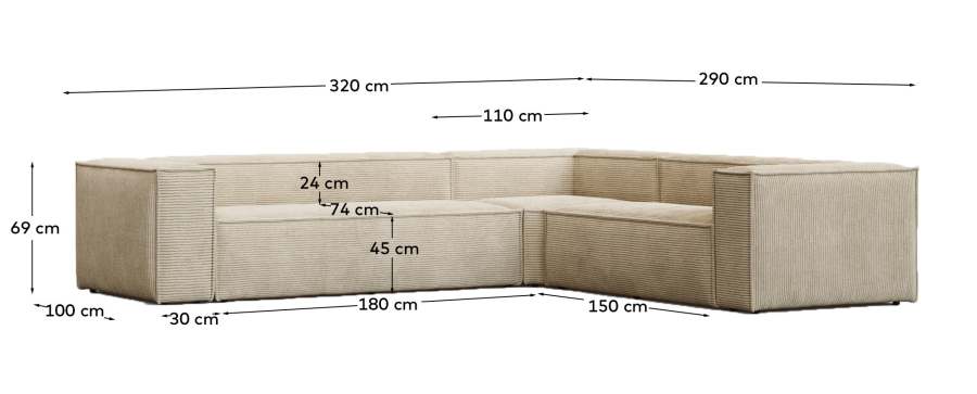 Blok fire-retardant 5-seater corner sofa in thick ecru corduroy 320x290/290x320cm FSC Mix Credit