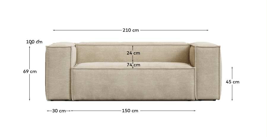 Blok fire-retardant 2-seater sofa in thick ecru corduroy 210cm FSC Mix Credit