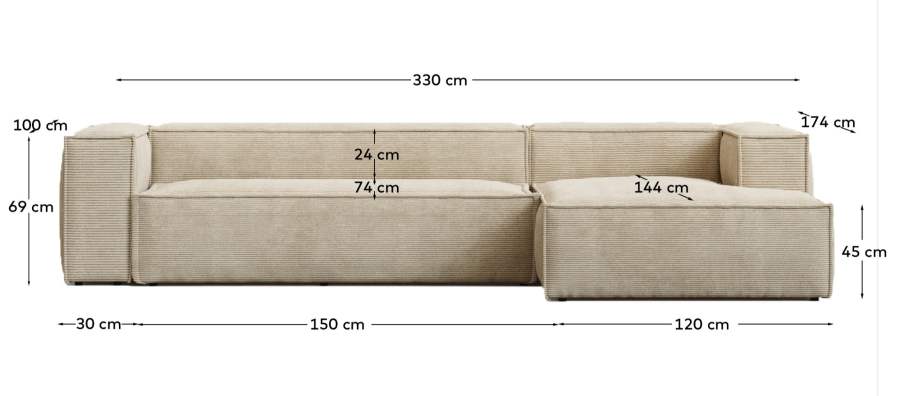 Blok fire-retardant 4-seater sofa with right chaise longue in thick ecru corduroy 330cm FSC Mix Credit