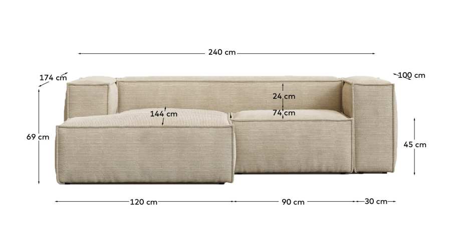 Blok fire-retardant 2-seater sofa with left chaise longue in thick ecru corduroy 240cm FSC Mix Credit