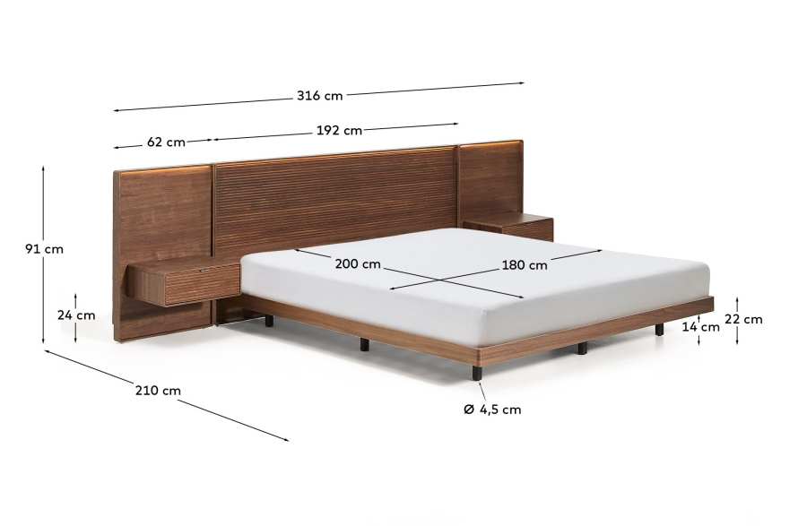 Norlen bed with 2 bedside tables in walnut veneer with dark finish and LED light for 180 x 200 cm mattress FSC Mix Credit UK adapter