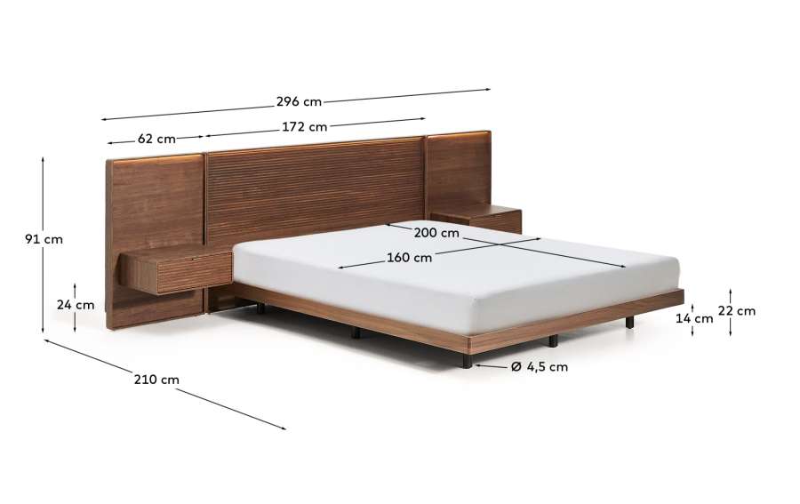 Norlen bed with 2 bedside tables in walnut veneer with dark finish and LED light for 160 x 200cm mattress FSC Mix Credit