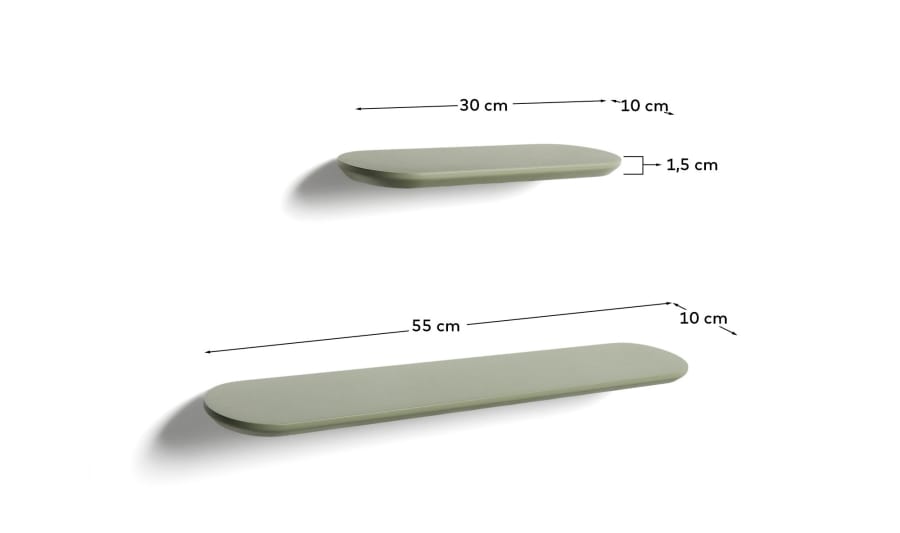 Arely set of 2 shelves in MDF with green lacquer finish 35 cm/55 cm