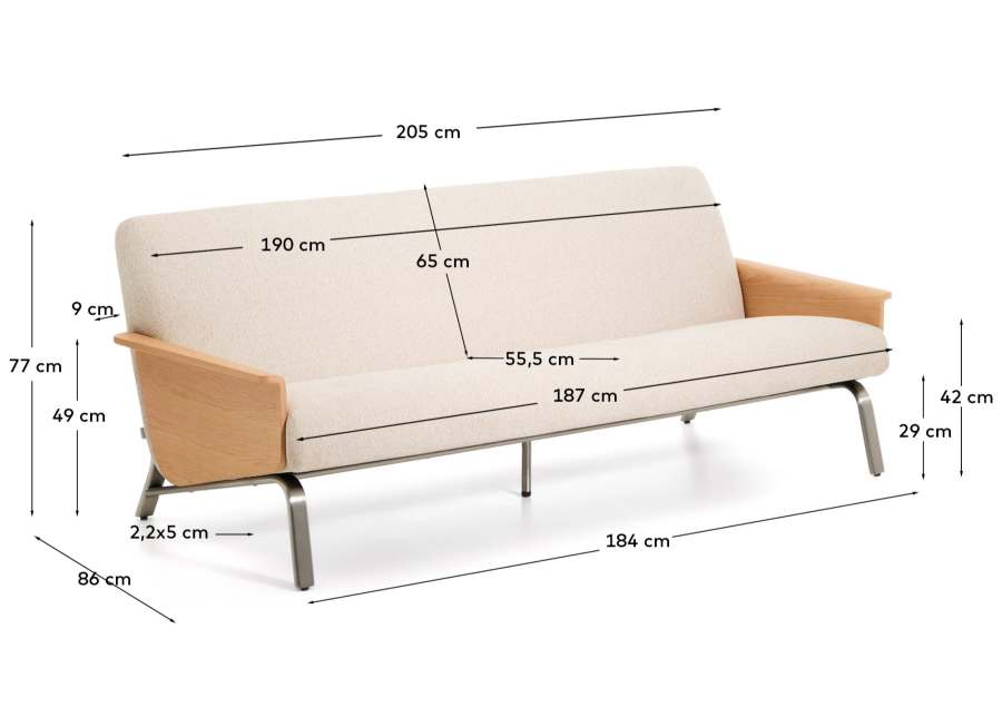 Amsen beige chenille 3-seater sofa in oak plywood with brushed stainless steel legs 205cm