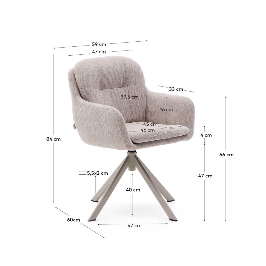 Chaise pivotante Lexa en tissu chenille beige et pieds en acier finition beige