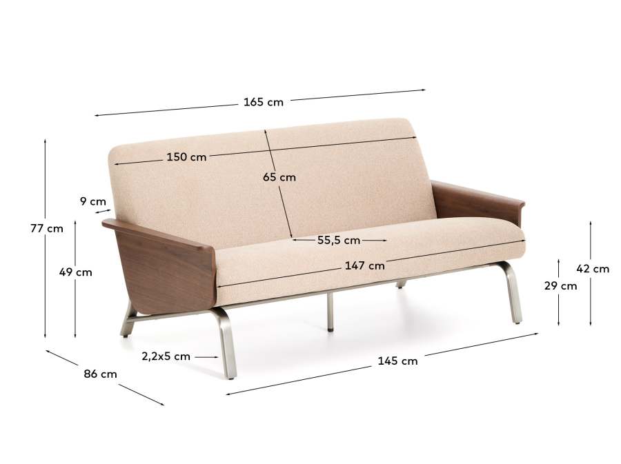 2-Sitzer-Sofa Amsen in Hellbraun aus Nussbaumsperrholz und Beinen aus em gebürsteten Edelstahl 165 cm