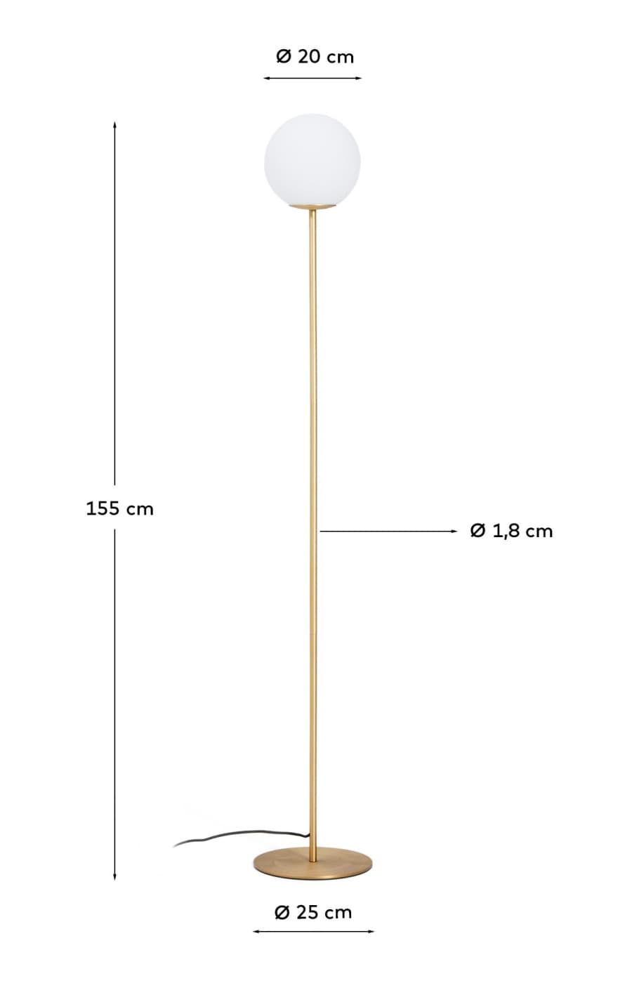 Brisia metal floor lamp with brushed brass finish and 1 frosted glass ball Ø20cm UK adapter