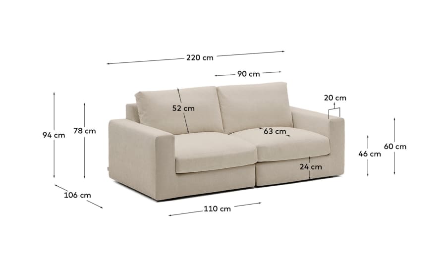 Alea removable cover modular sofa 3-seater in light brown chenille 220 cm