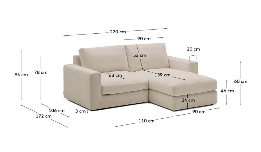 Alea removable cover modular sofa 3-seater in light brown chenille right chaise longue 220 cm