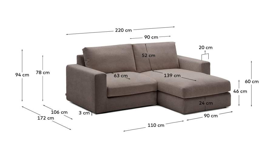 Alea removable cover modular sofa 3-seater in dark brown chenille right chaise longue 220 cm