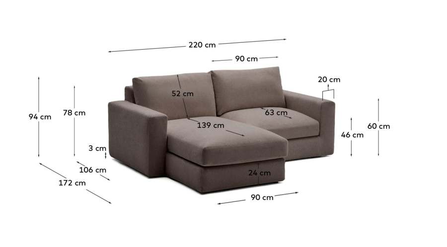 Alea removable cover modular sofa 3-seater in dark brown chenille left chaise longue 220 cm