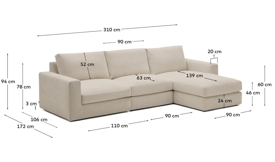 Alea removable cover modular sofa 4-seater in light brown chenille right chaise longue 310 cm