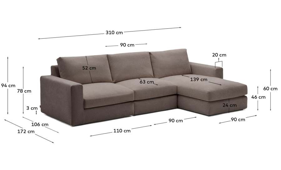 Alea removable cover modular sofa 4-seater in dark brown chenille right chaise longue 310 cm