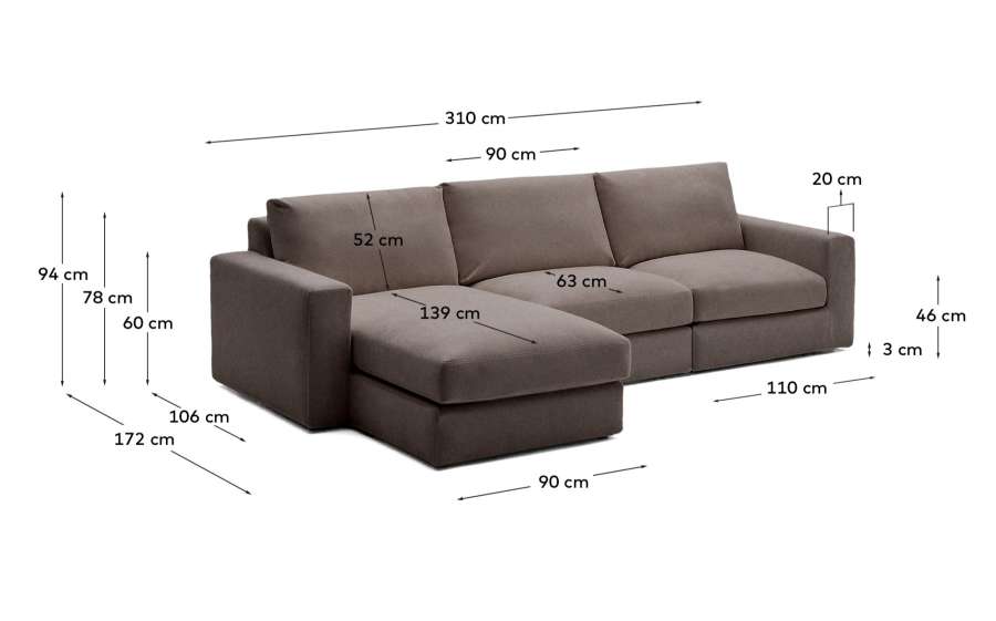 Alea removable cover modular sofa 4-seater in dark brown chenille left chaise longue 310 cm