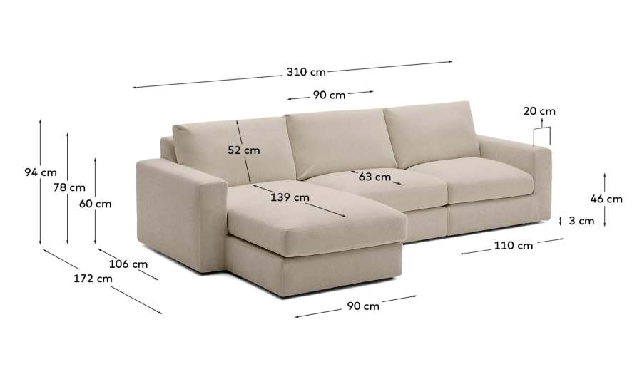 Alea removable cover modular sofa 4-seater in light brown chenille left chaise longue 310 cm
