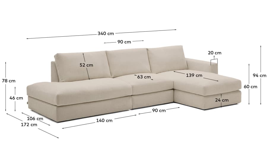 Alea removable cover modular sofa 5-seater in light brown chenille right chaise longue 340 cm