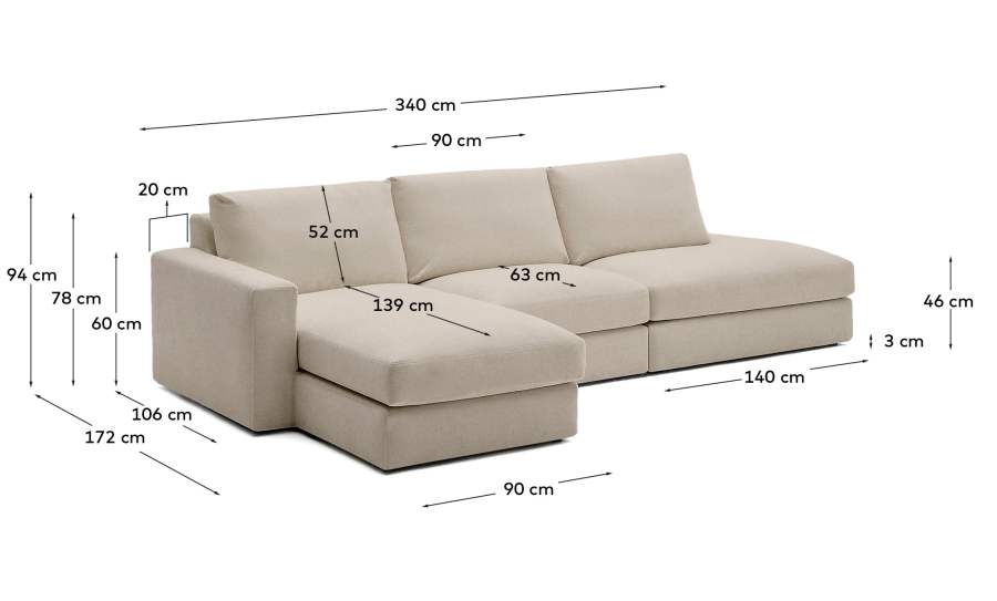 Alea removable cover modular sofa 5-seater in light brown chenille left chaise longue 340 cm
