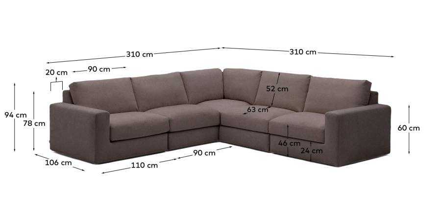 Alea removable cover modular sofa 5-seater in dark brown 310 x 310 cm