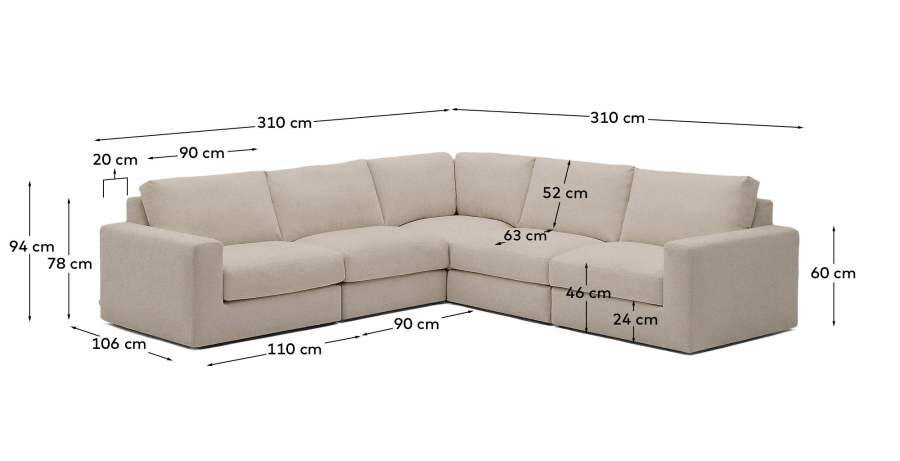 Alea removable cover modular sofa 5-seater in light brown 310 x 310 cm