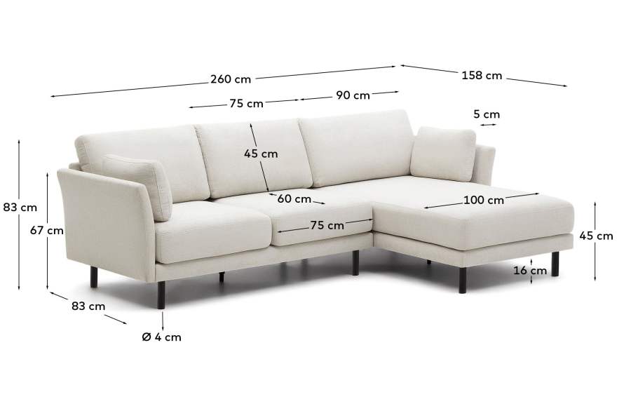 Gilma 3 seater sofa w/ right/left-hand chaise longue, chenille pearl with black legs, 260 cm