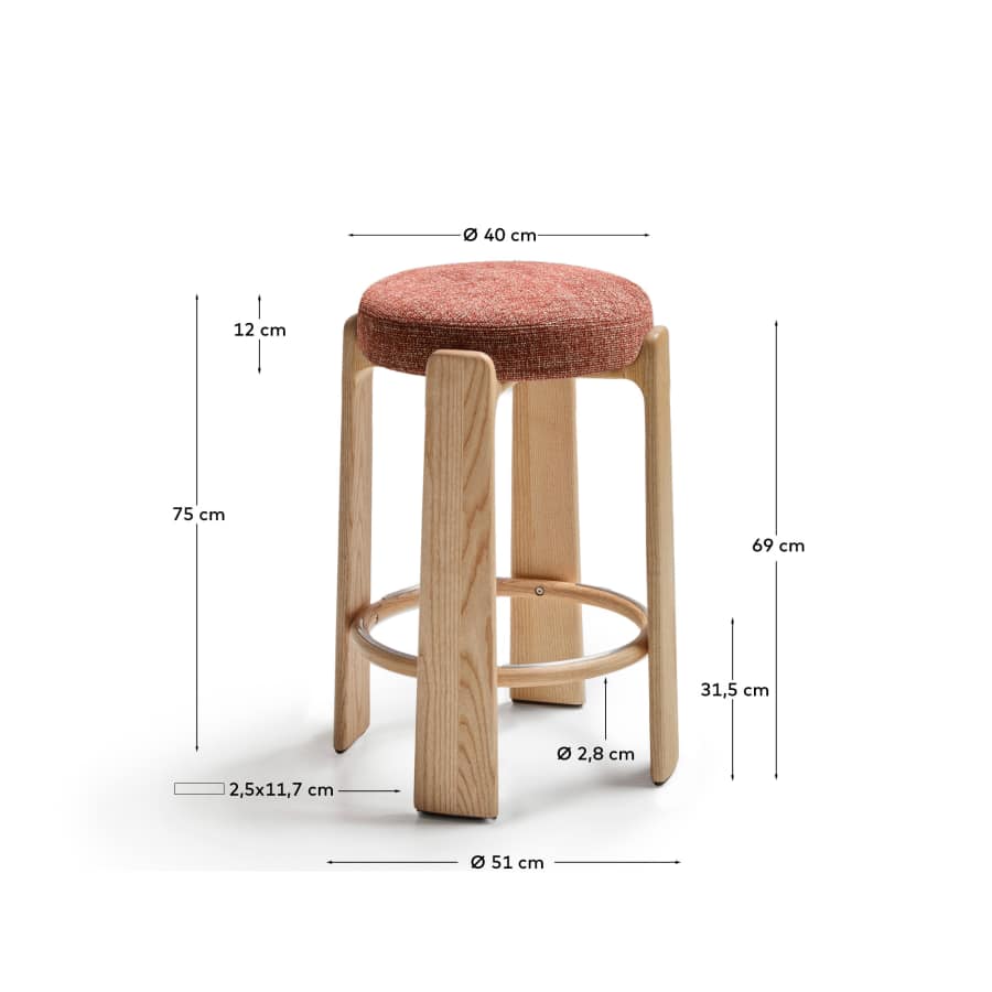 Granite stool in terracotta chenille and solid ash wood with a natural tone finish FSC 100% 75cm