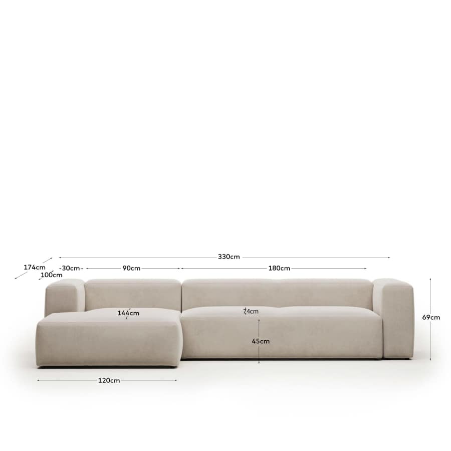 Blok fire-retardant 4-seater sofa with left chaise longue in thick ecru corduroy 330cm FSC Mix Credit