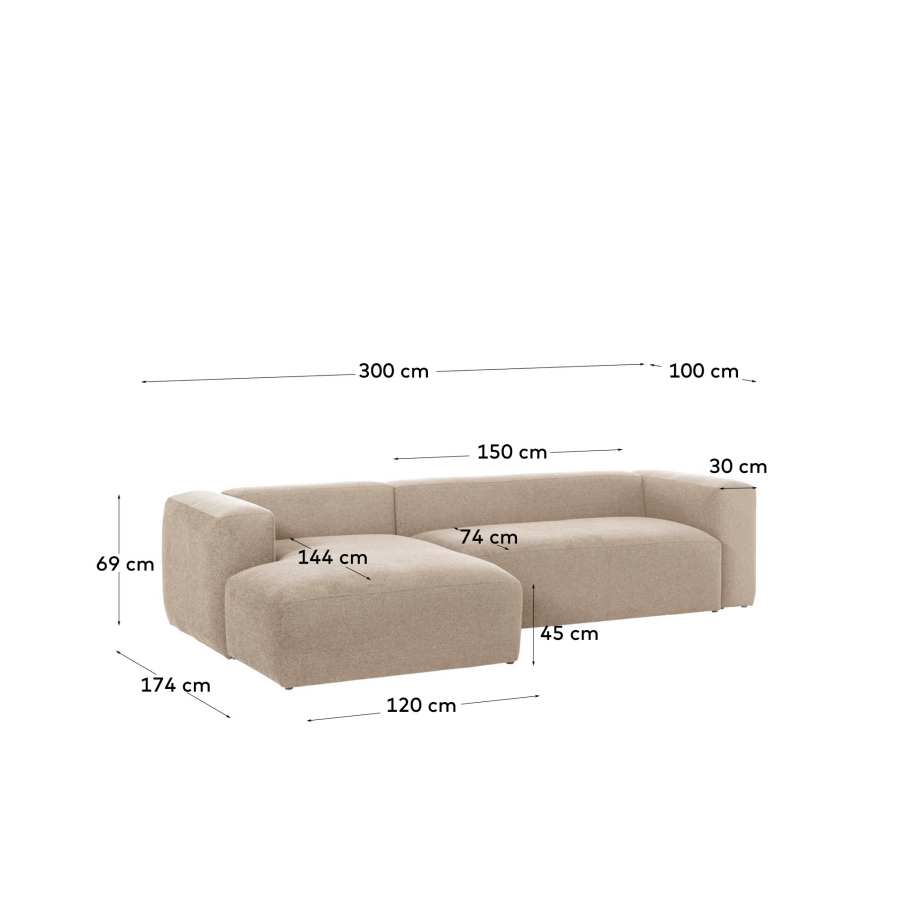Blok fire-retardant 3-seater sofa with left chaise longue in thick ecru corduroy 300cm FSC Mix Credit