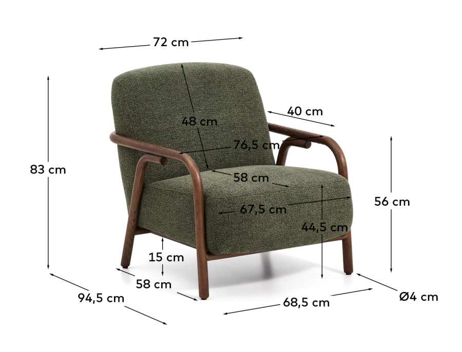 Sylo armchair in dark green chenille and solid ash wood with walnut-coloured finish FSC 100%
