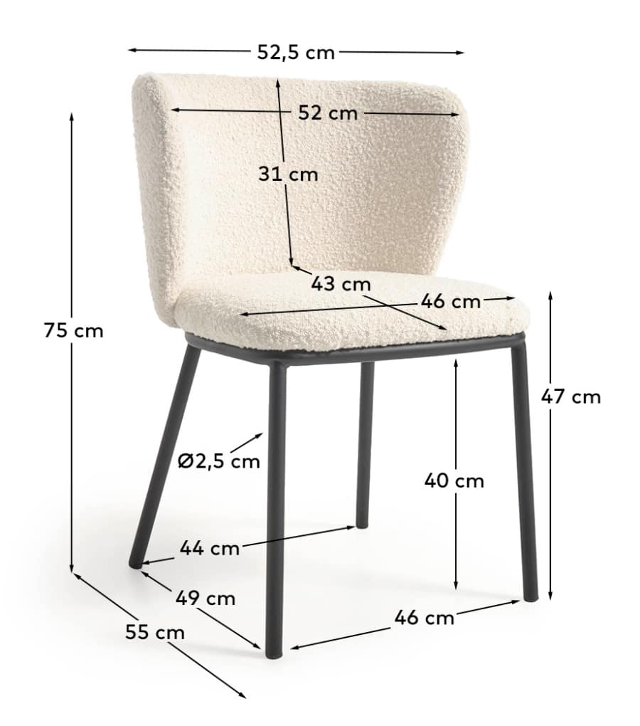 Ciselia chair with white bouclé and steel legs with black finish FSC Mix Credit