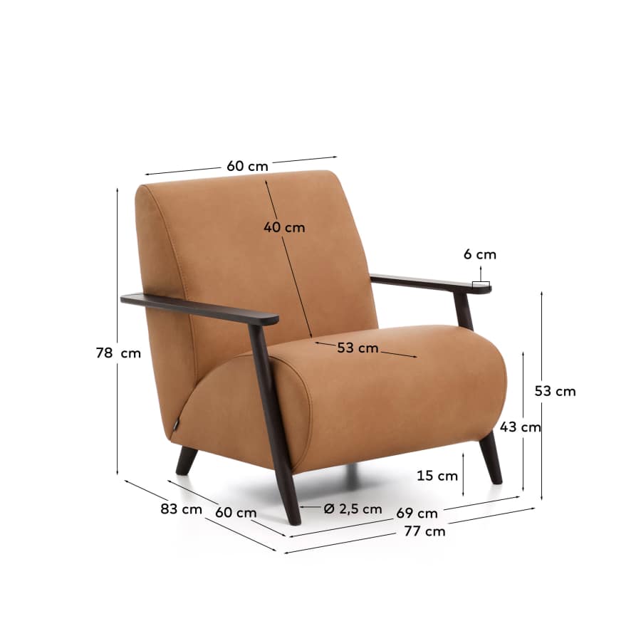 Sessel Meghan in braunem Leder mit massivem Eschenholz mit wengefarbenem Finish, FSC Mix Credit