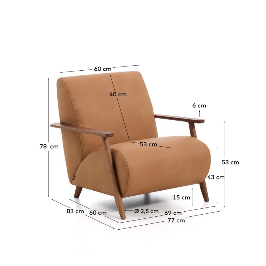 Meghan armchair in brown leather and solid ash wood with walnut-coloured finish FSC Mix Credit
