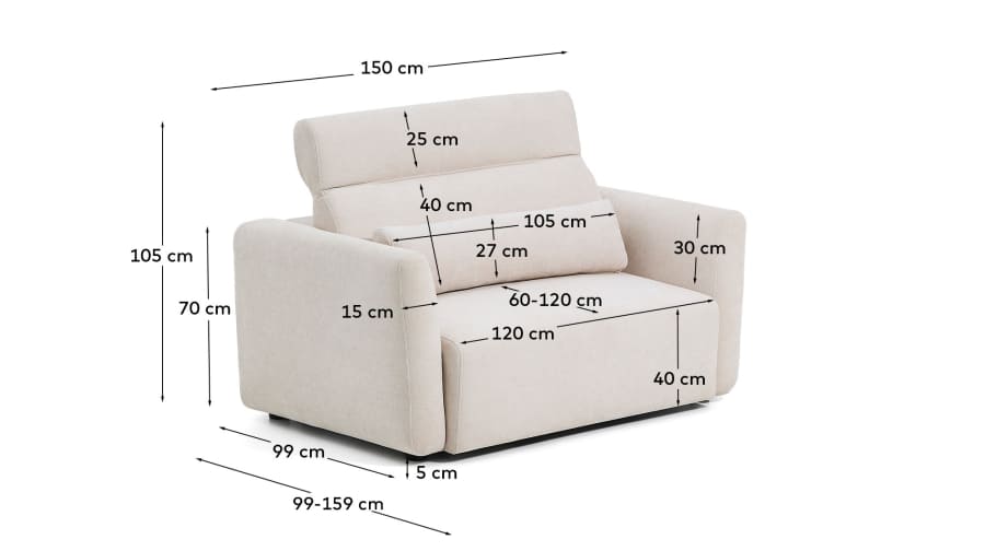 Lares 2-seater sofa with motorised sliding seats and reclining headrest in beige chenille 150cm