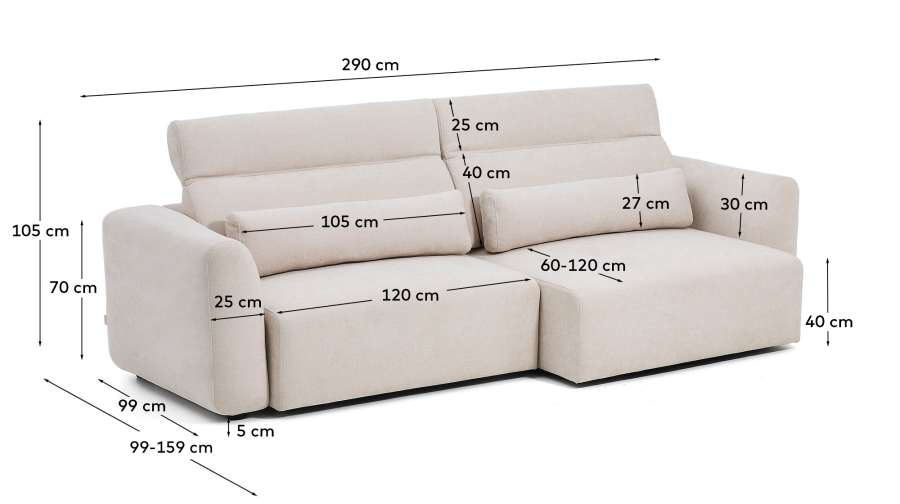 Lares 4-seater sofa with motorised sliding seats and reclining headrest in beige chenille 290cm