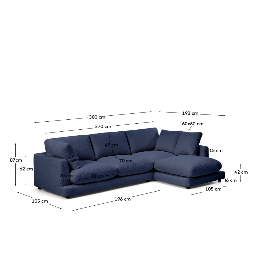 Gala blauwe 4-zits-bank met chaise longue rechts van brandvertragende imitatieschapenvacht FSC Mix Credit 300 cm