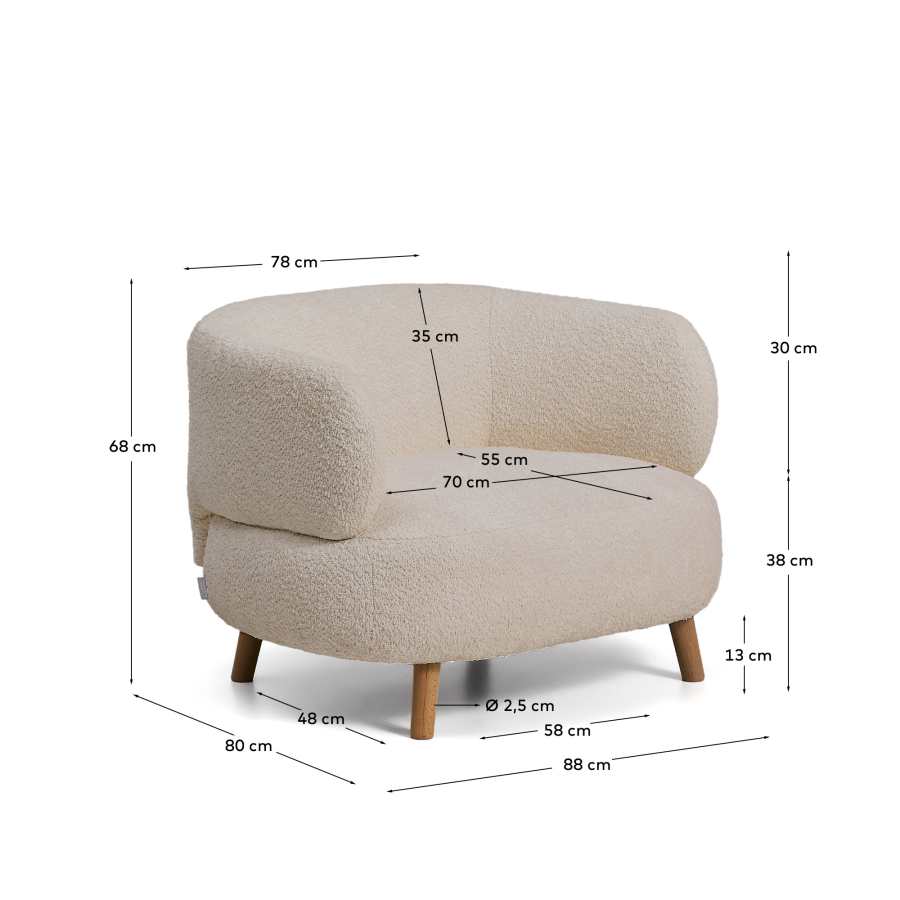 Poltrona Luisa ignifuga in effetto montone beige con gambe in faggio massiccio 90 cm