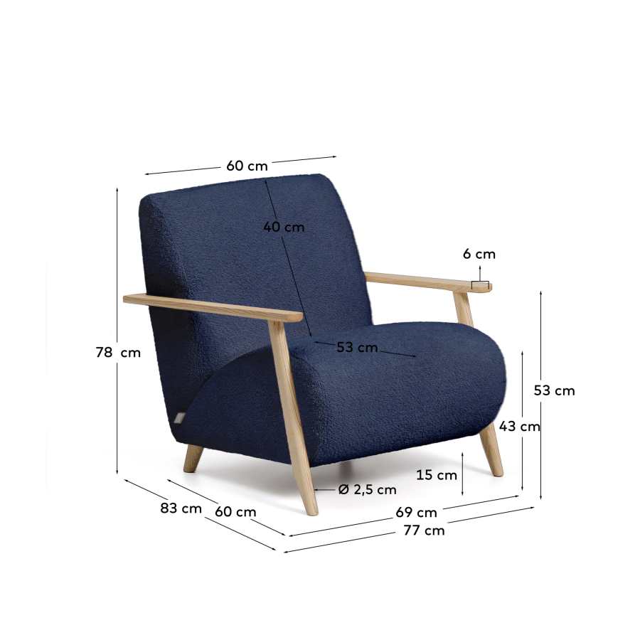 Fauteuil Meghan ignifugé en bouclette bleue et bois de frêne avec finition ton naturel FSC Mix Credit